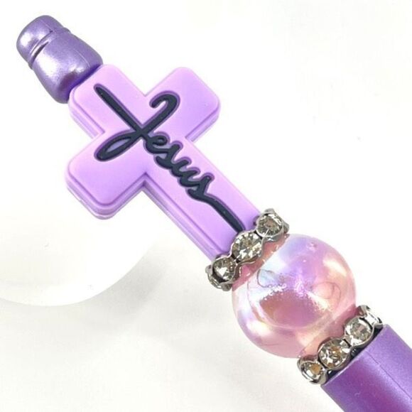 Jesus cross Christ Christian handmade pen NEW beads rhinestone bling lavender pu - Picture 5 of 6